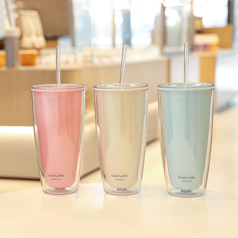 New Simple Large-capacity Solid Color Double-layer Plastic Cup Home Office Straw Cup Summer Drink Coffee Cup Water Cup