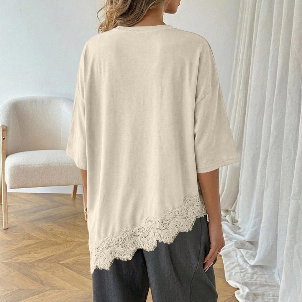 Women's Short Sleeve Lace Trim T-Shirt with Asymmetrical Hem
