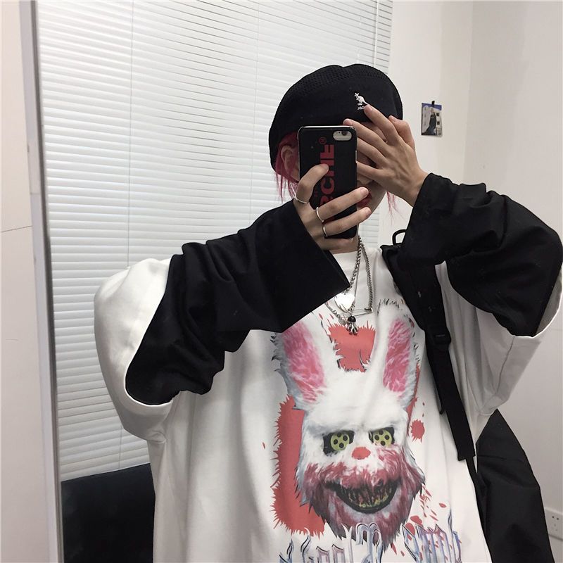 Fake Two-piece Original Diablo Anime Letter Printed Top Spring and Autumn Loose Hip-hop All-match Men's Long-sleeved T-shirt