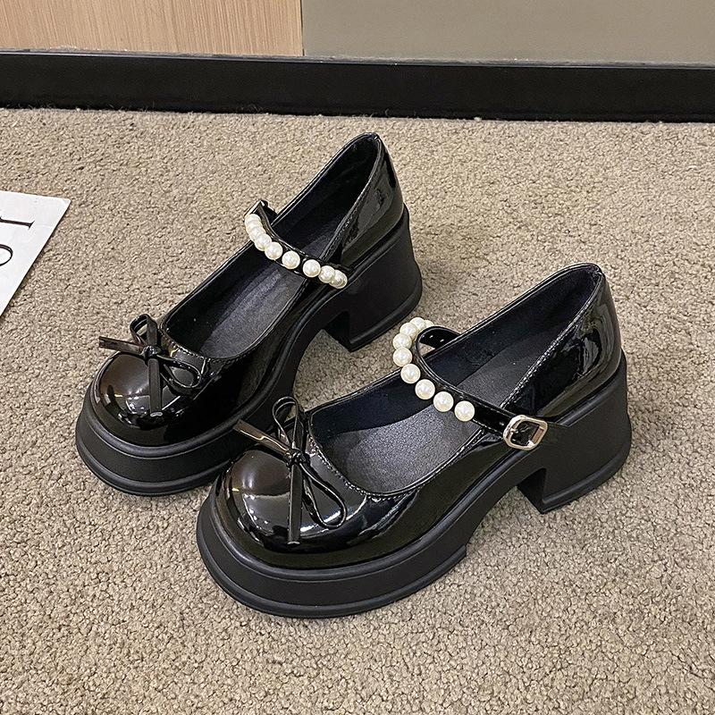 Pearl belt platform Mary Jane shoes autumn 2025 new bow thick heel single shoes women's versatile casual women's shoes