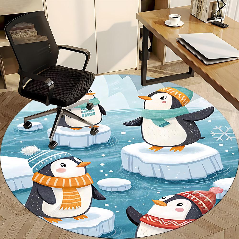 1PC Penguin Iceberg Pattern Office Round Area Rug, Indoor Mat Suitable For Office, Under Office Chairs Bedroom Living Room Home Decor, Room Deco 145