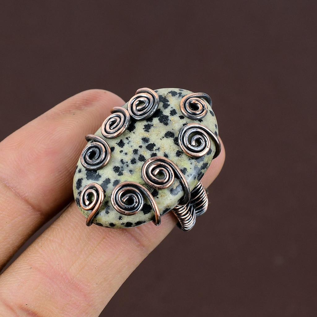 Dalmatian Obsidian Handmade Copper Wire Wrap Jewelry Ring Size 8 q4W86