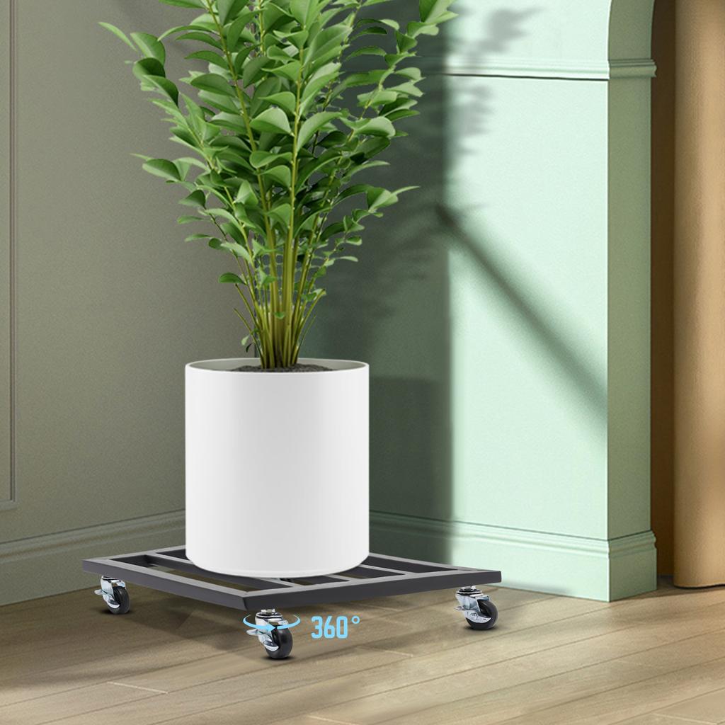 16x16 Inch Plant Stand with Wheels - Black Rolling Flower Pot Tray Holder | Modern Iron Plant Caddy | Durable Plant Tray Rack