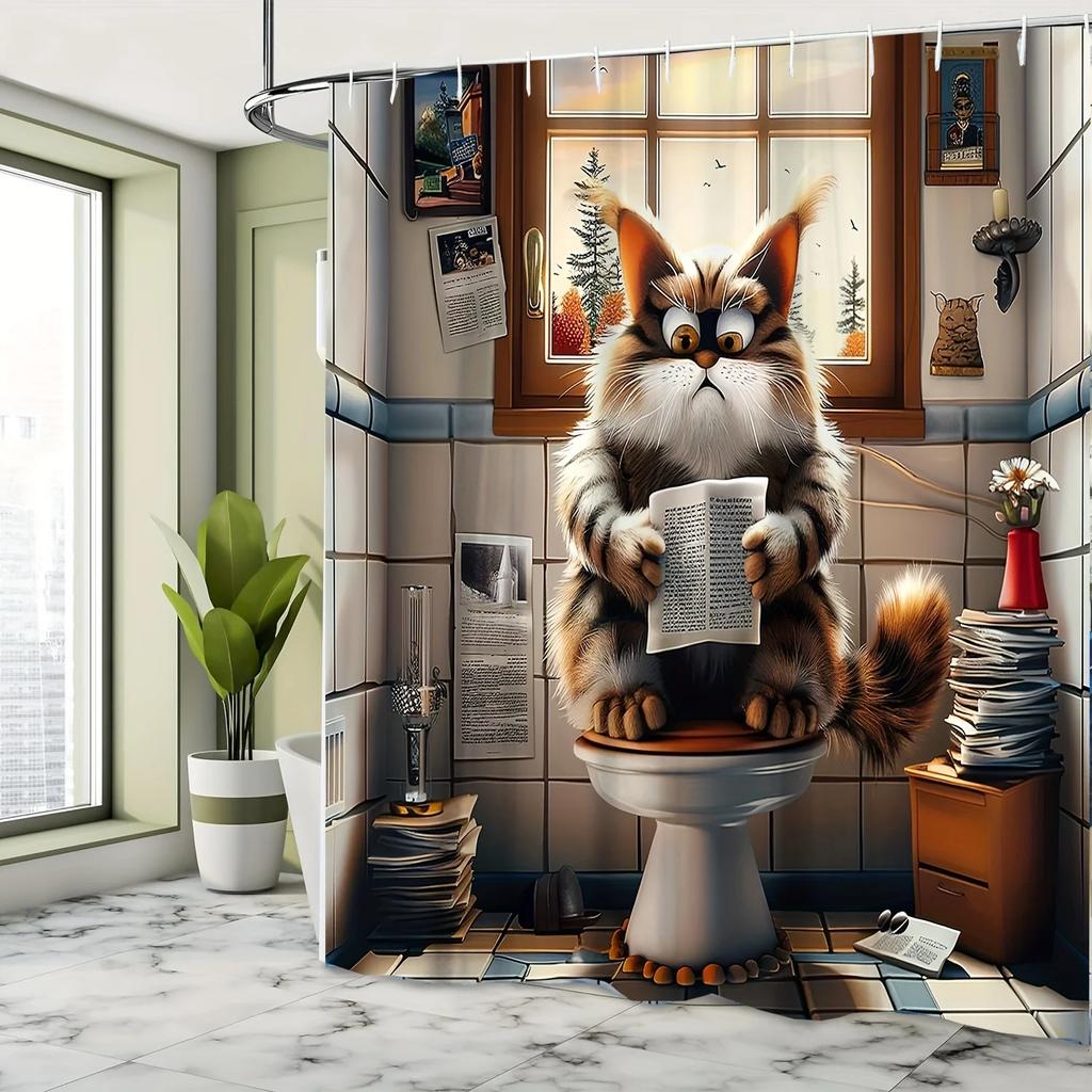 Whimsical Cat Reading Newspaper Printed Shower Curtain Waterproof Animal Themed Bathroom Decor