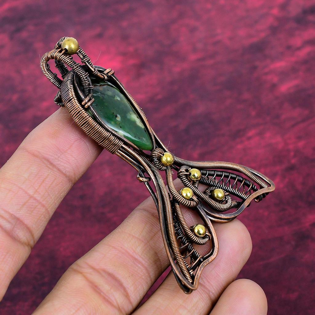 Chrysopras Edelstein Anhänger Fisch Schmuck Kupferdraht Umwickelt Handgefertigter Anhänger