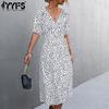 YYFS Damenmode Sommer Frühling Blumenmuster Druck Kurzarm V-Ausschnitt Hohe Taille Freizeitkleider
