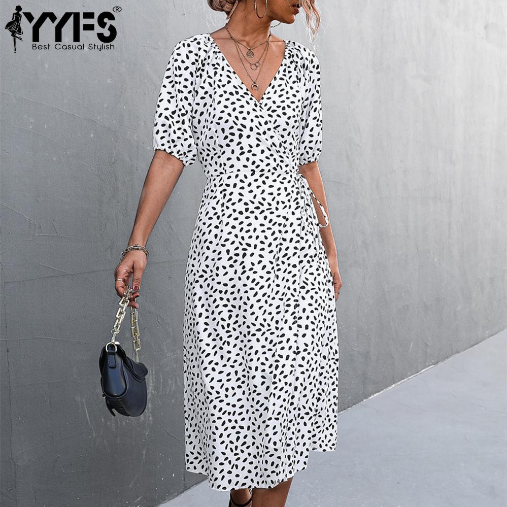 YYFS Damenmode Sommer Frühling Blumenmuster Druck Kurzarm V-Ausschnitt Hohe Taille Freizeitkleider