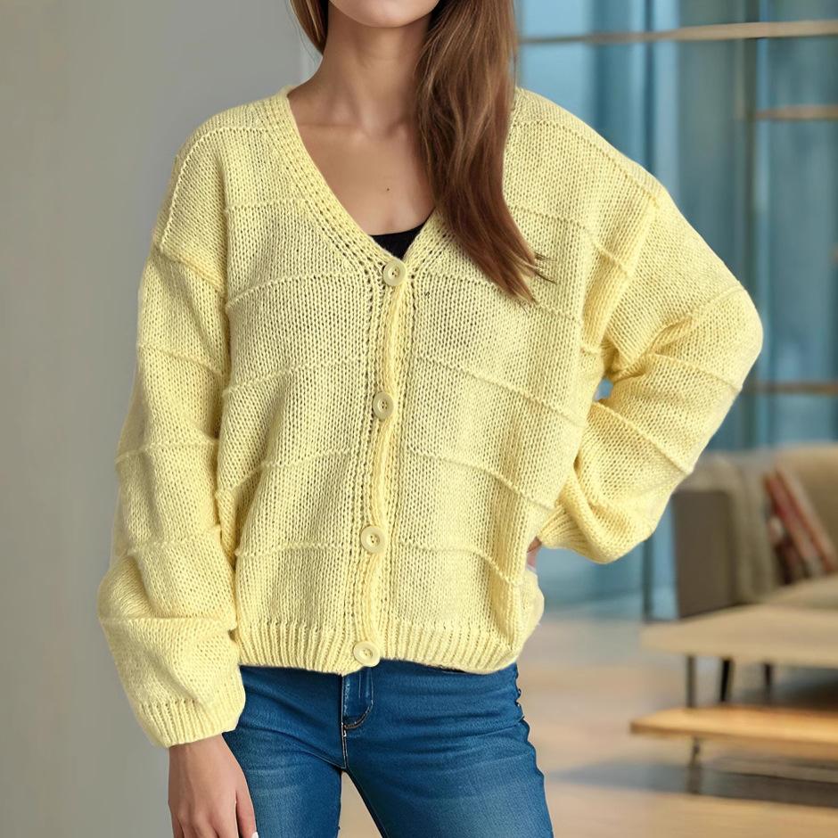 Autumn New Casual Loose Top Pink Outer V-neck Long Sleeved Women's Knitted Sweater Cardigan 3606