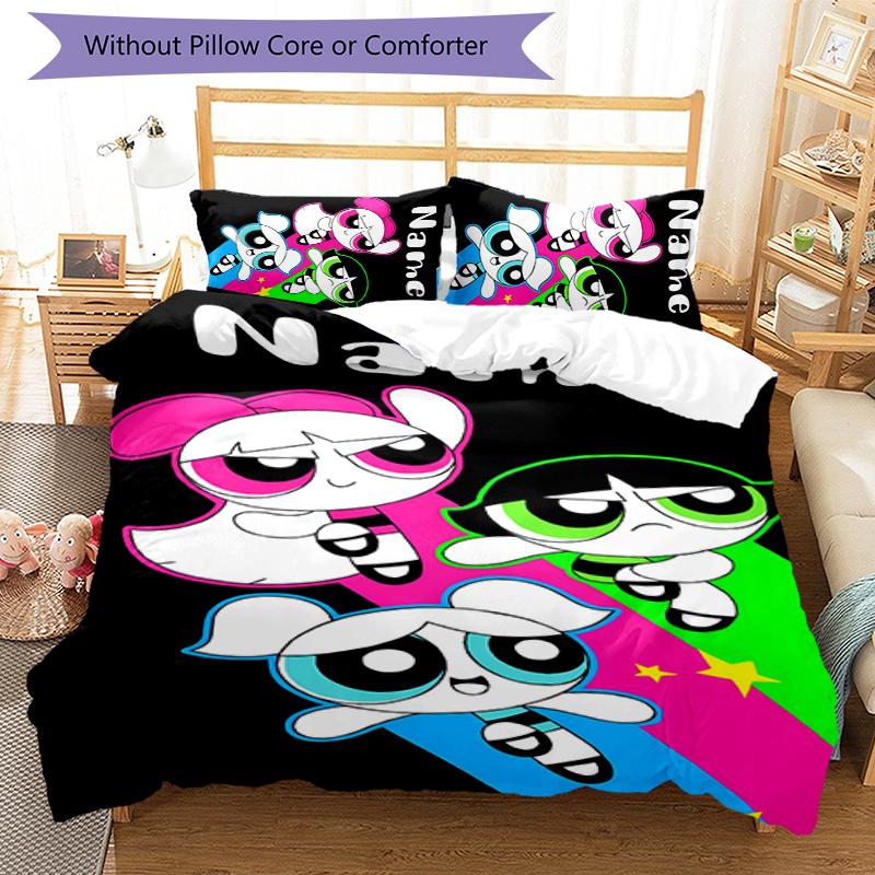 3pcs Custom Name The Powerpuff Girls Bedding Set Duvet Cover Closure Includes 1 Duvet Cover & 2 Pillowcases for All Seasons Bedroom Decor