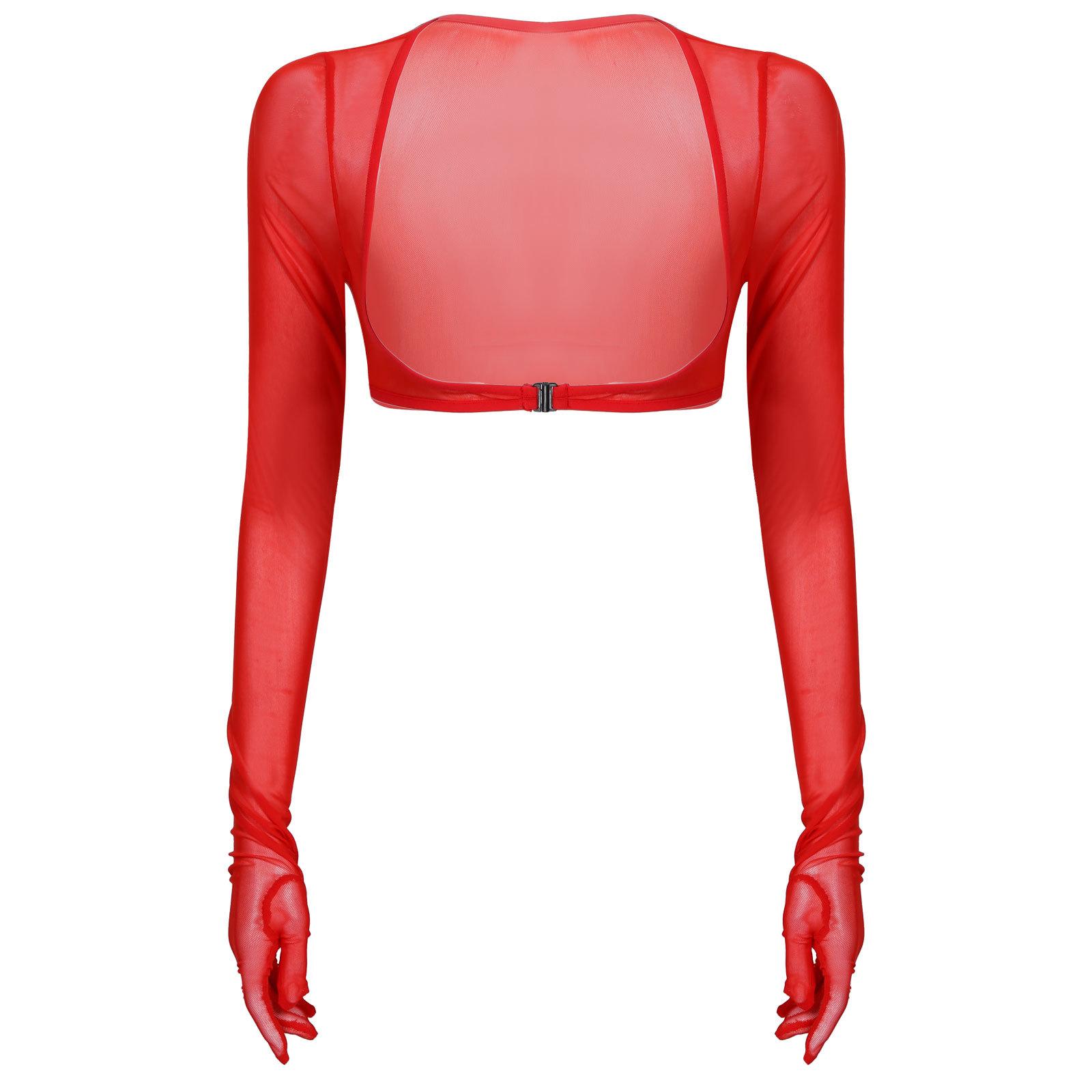 

Жіночий сітчастий кроп-топ з довгим рукавом, захист від сонця, деталі з пряжками, клубний одяг, літня прозора сорочка M червоний