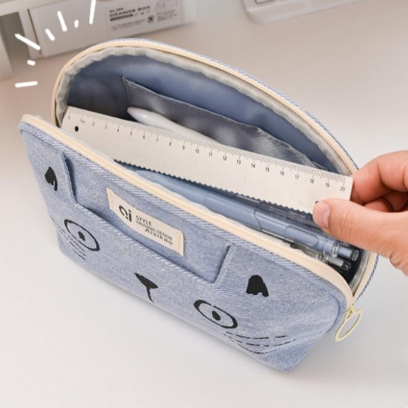 Pisică desen animat drăguță etui de creioane Geantă de papetărie din denim Geantă de depozitare pentru rechizite școlare de mare capacitate pentru studenți Etui multifuncțional