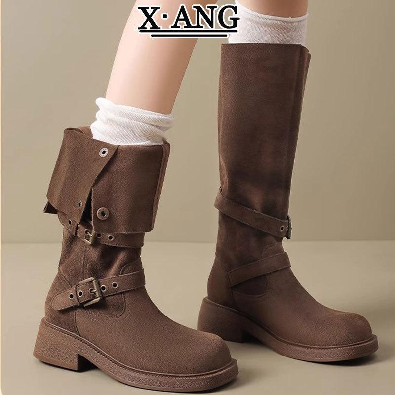 Cowhide version but knee knight boots women's single boots thick heel thin high boots long boots Maillard western cowboy boots