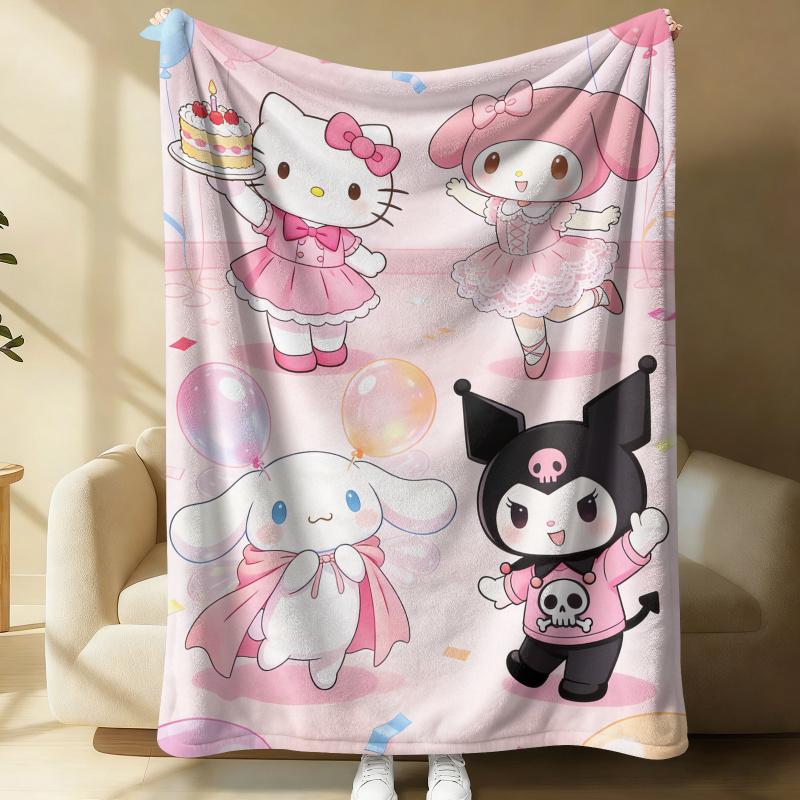 Sanrio Birthday Flannel Blanket Soft Cozy Plush Throw Kawaii Hello Kitty Sofa Bed Cover Office Nap Shawl Travel Camping Blanket