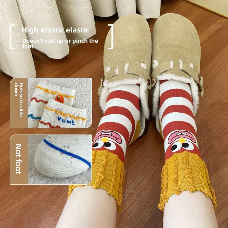 Damen Herbst Mid-Calf Socken, Kreative Pommes Frites, Baumwollsocken, Bequeme Atmungsaktive Socken, Trendige und Vielseitige Socken