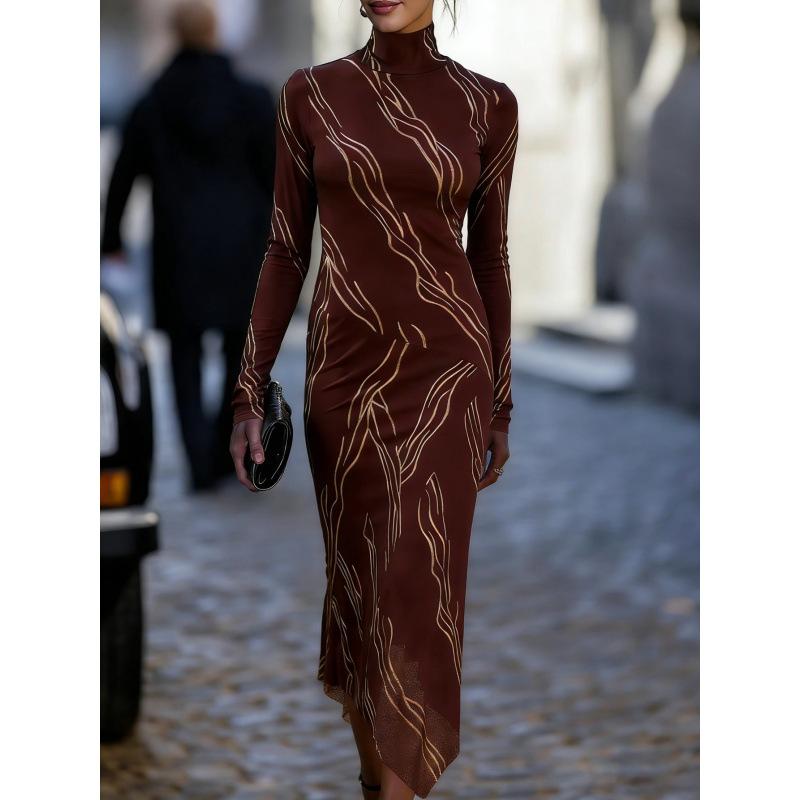 

European and American women s clothing autumn new long-sleeved skirt printed semi-turtleneck slim-fitting long dress S темно-коричневого