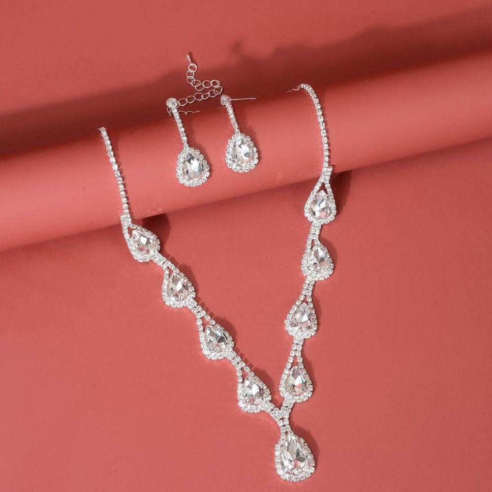 Water Drop Rhinestone Jewelry Set Shining Necklace Bridal Earrings  Women