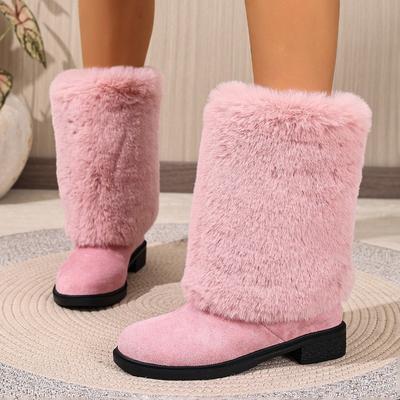 Damen Überweite Pelzige Schneestiefel, Mid-Calf Plateau Winterstiefeletten, Europäischer Stil Warme Stiefel für Damen