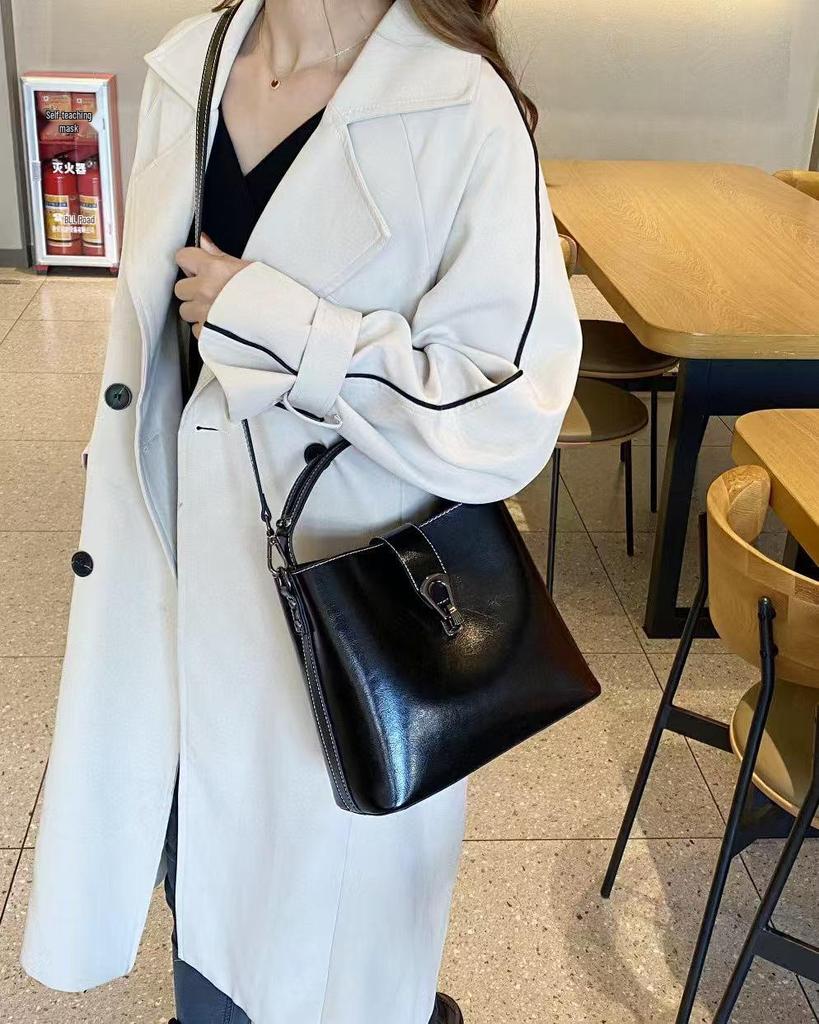 Korean Style Genuine Leather Double Strap Crossbody Bucket Bag
