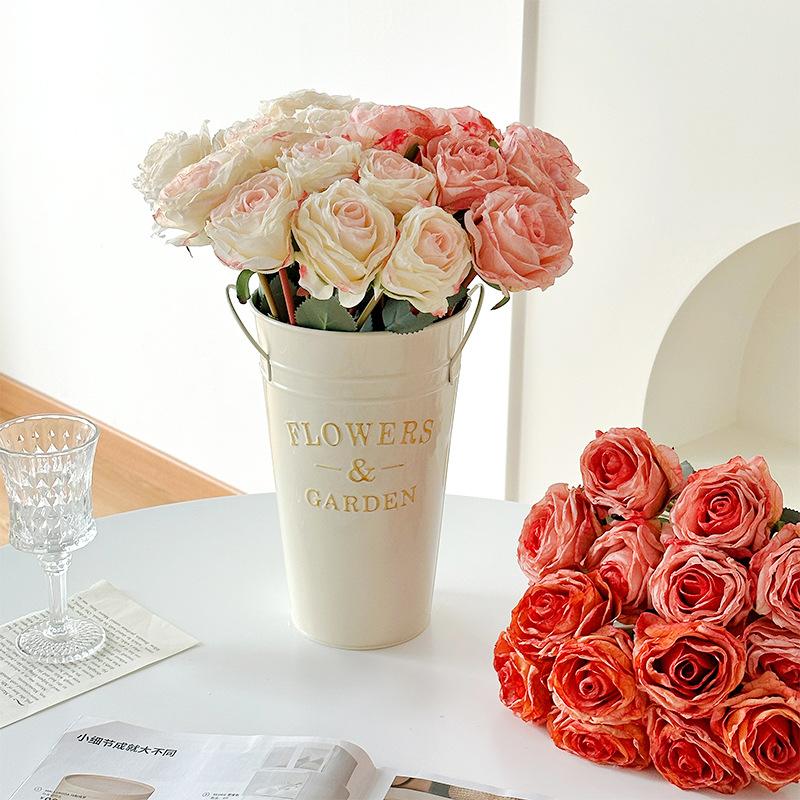43CM 7-piece Tied Roasted Edge Rose Artificial Bouquet High-end Home Soft Decoration Floral Ornaments