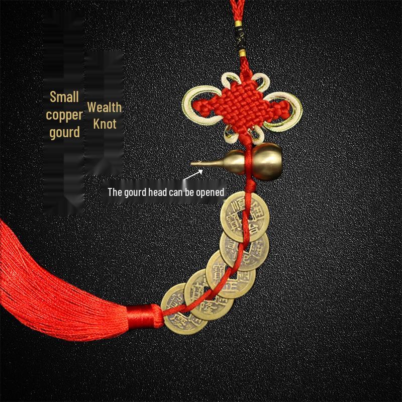 Copper Gourd Five Emperors Coins Chinese Knot Feng Shui Hanging Ornament for Car or Door.