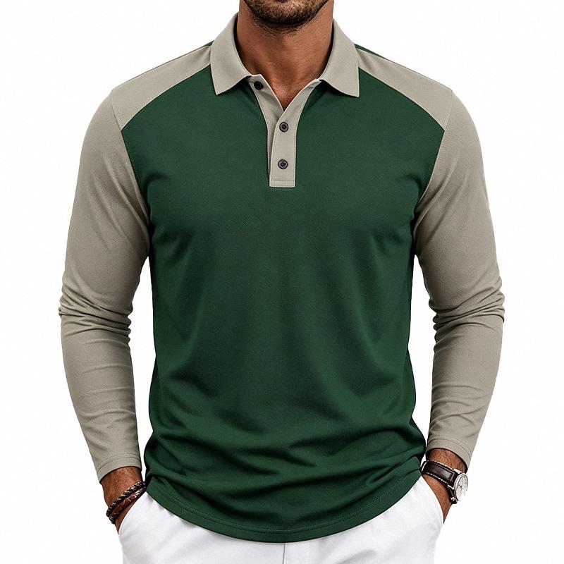 Herren American Style Lockerer Farbblock Casual Umlegekragen Langarm Golf Poloshirt