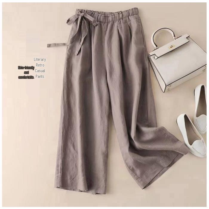 Southeast Asia Retro Cotton Linen High-Waisted Wide-Leg Cropped Pants with Side Tie