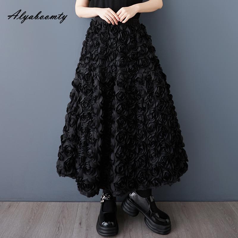Übergröße Koreanische Mode Frühling Herbst Damen Schwarzer Rock Hohe Taille Rose Midi-Rock Elegant Feminin Party Ballkleid Röcke Mit Taschen
