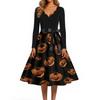 Womens Halloween Printed Size Dress Crew Neck Long Sleeve Vintage Swing Dress with Belt Pocket Free Design