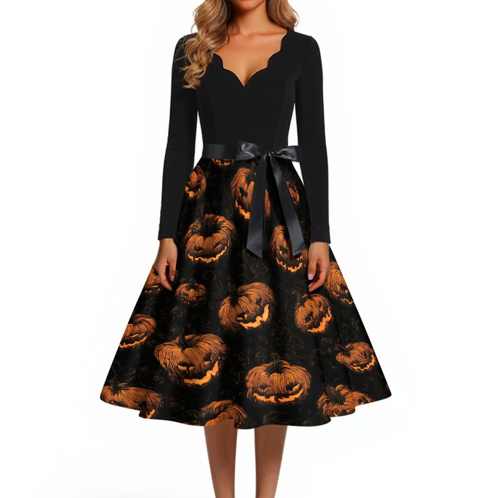 Womens Halloween Printed Size Dress Crew Neck Long Sleeve Vintage Swing Dress with Belt Pocket Free Design