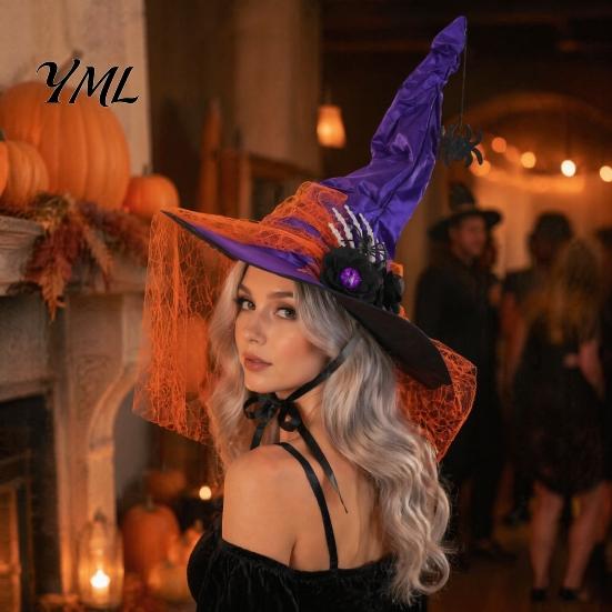 Gothic Princess Headpiece Halloween Witch Hat for Women, Spider Web Mesh Skeleton Hand Multi Layered Lace Decor Rose Flower Wizard Costume,