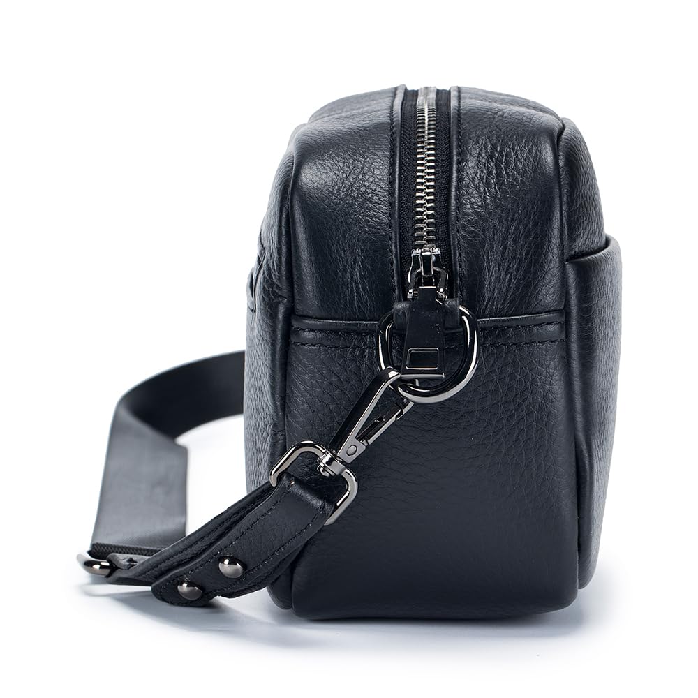 Yocipa Genuine Leather Shoulder Bag for Women, Small Crossbody Bag with Dividers, Compact Square Design, Lightweight (Black)