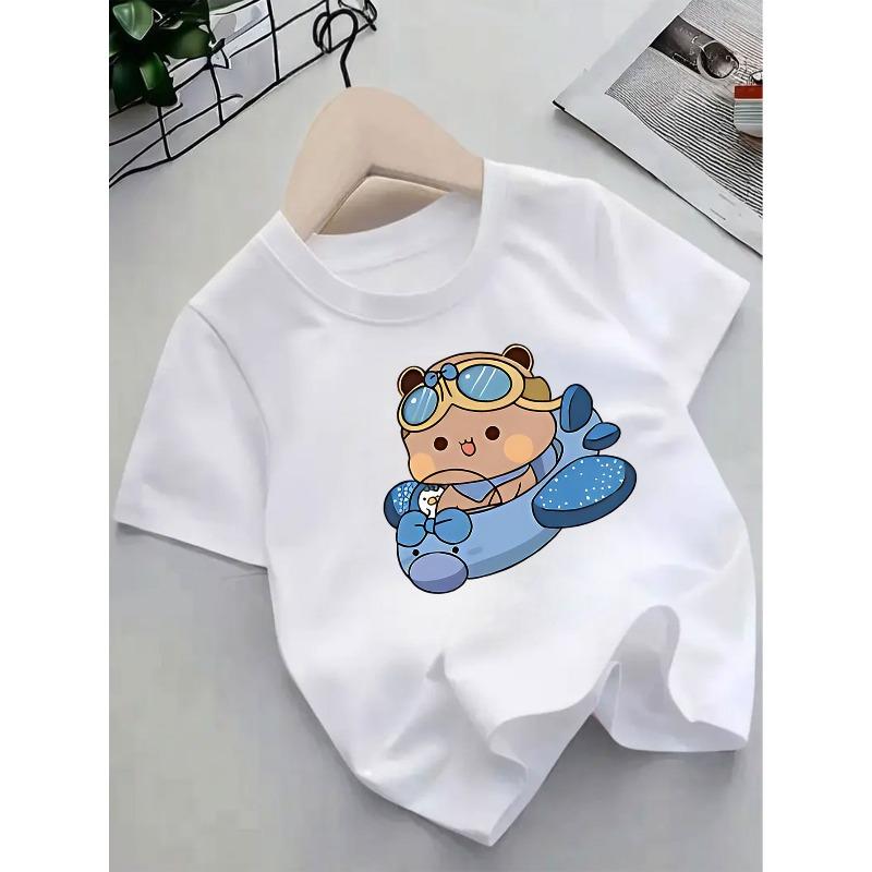 European Sizes ' Pink Short Sleeve T-Shirt with Cute Anime Bear & Blowing Bear Print - Summer Casual Round Neck Top, Soft Breathable Shirt for Kids,