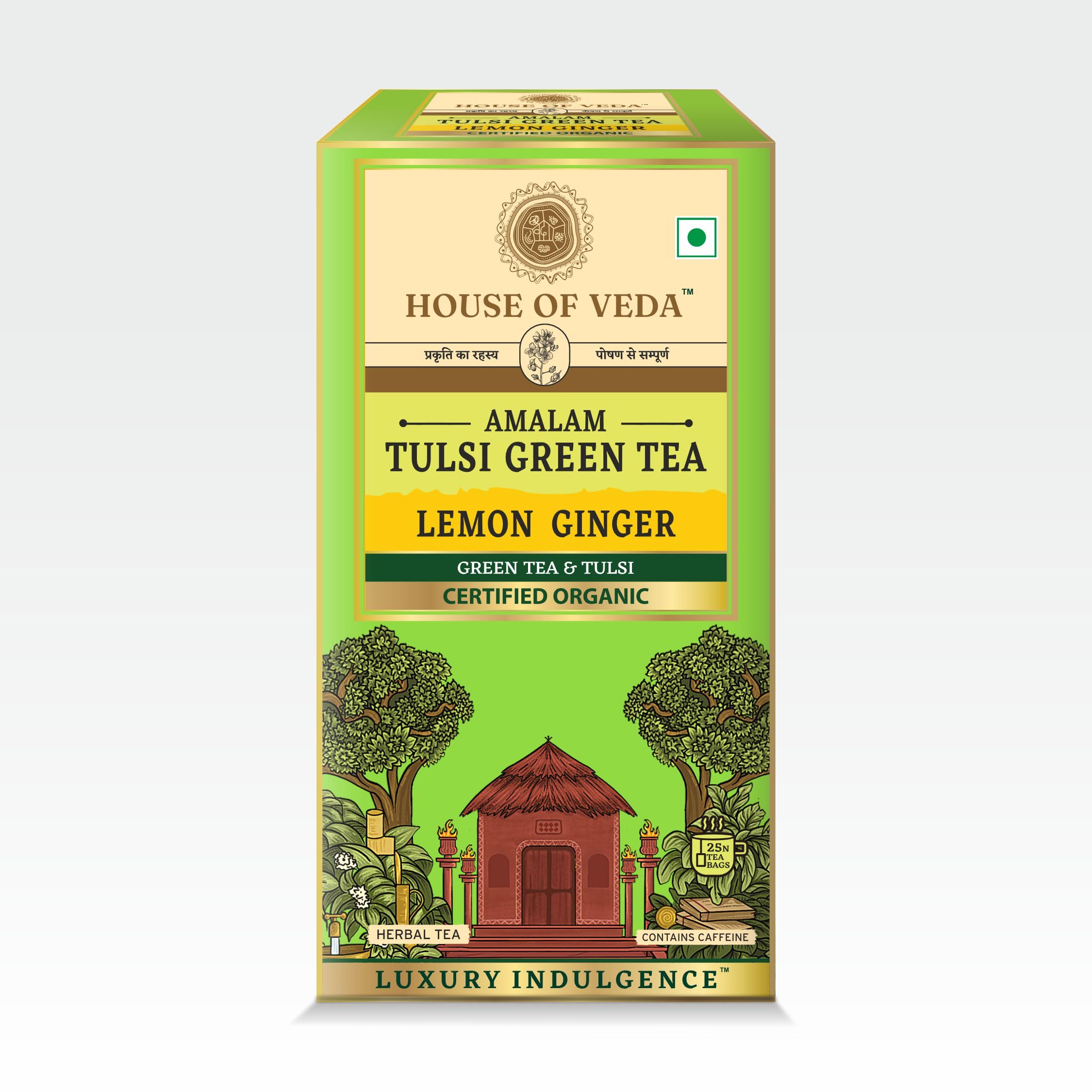 HOUSE OF VEDA Organic Tulsi Green Tea Lemon Ginger - 25 Tea Bags