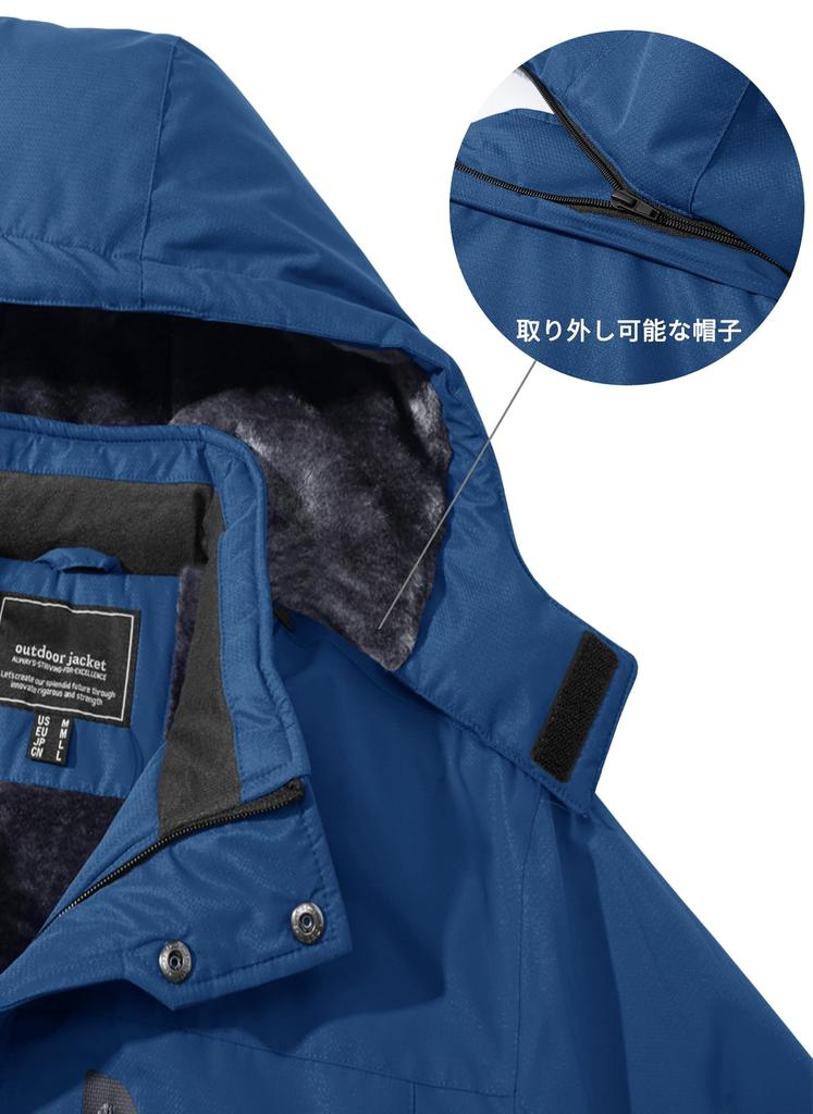 TACAVSEN Outdoor Waterproof Work Brushed Mountain Winter Cowboy Blue M Jacket, Men's, Hooded, Plain, Jacket, Windproof, Stylish, Wear, Outerwear,