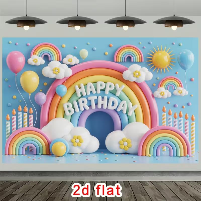 

2D Rainbow Cloud Happy Birthday Backdrop, Soft Blue Sky Balloon Candle Photography Background for Baby Party 47.2x31.5inch/120*80cm