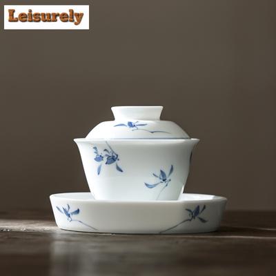 130 ml reine handbemalte Schmetterlingsorchidee Gaiwan alte Sancai weißes Porzellan Teeterrine Teezubereitungsdeckel Schüssel Teeservice Ornament
