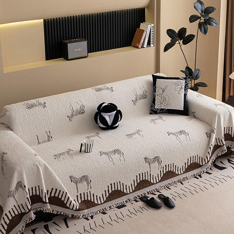 French Zebra Printed Sofa Towel with Tassels All-Inclusive Sofa Cover for Four Seasons Multifunctional Blanket for Home Office