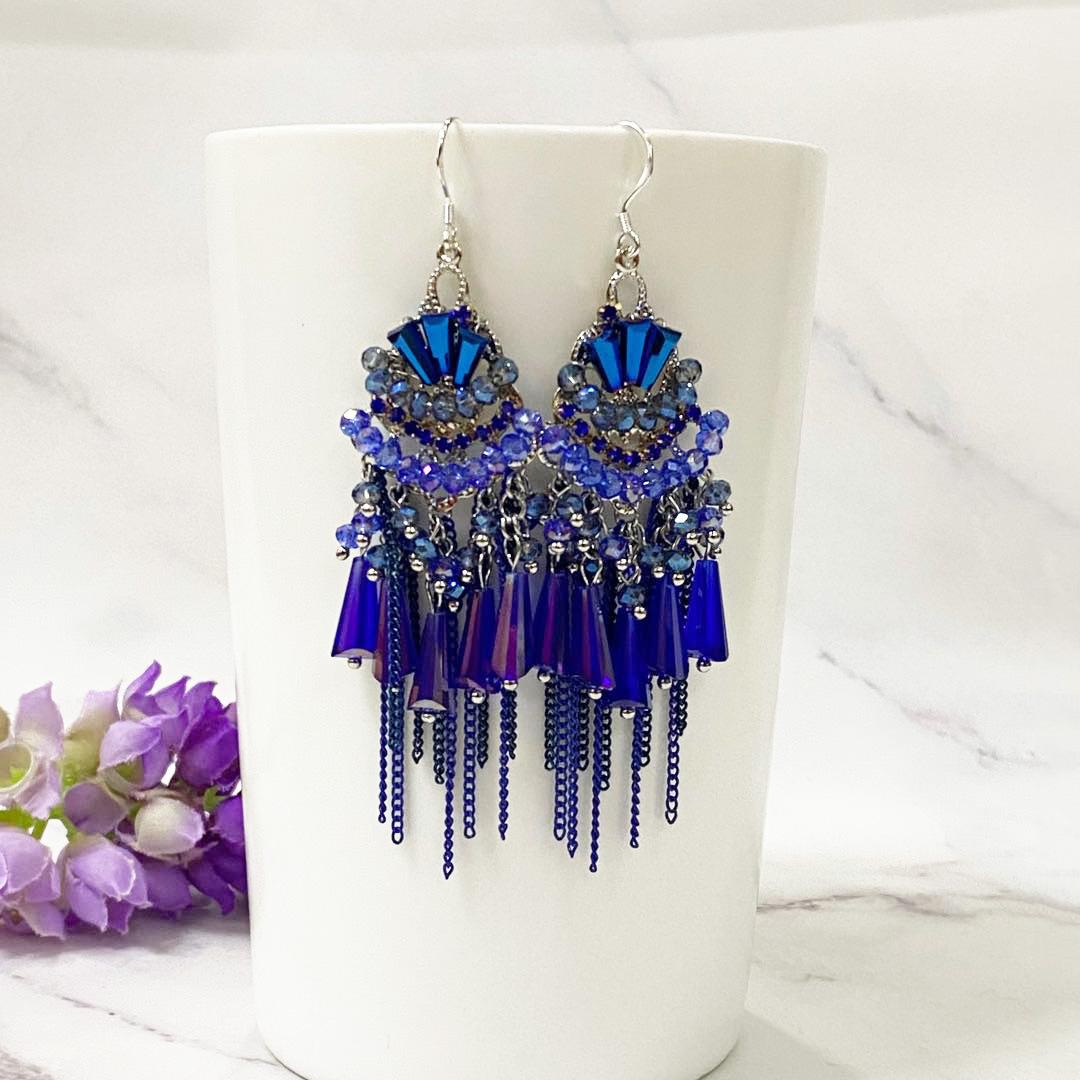 

Сережки з бахромою в богемному стилі важкої промисловості Жіночі довгі сережки ручної роботи з бісеру в етнічному стилі синій