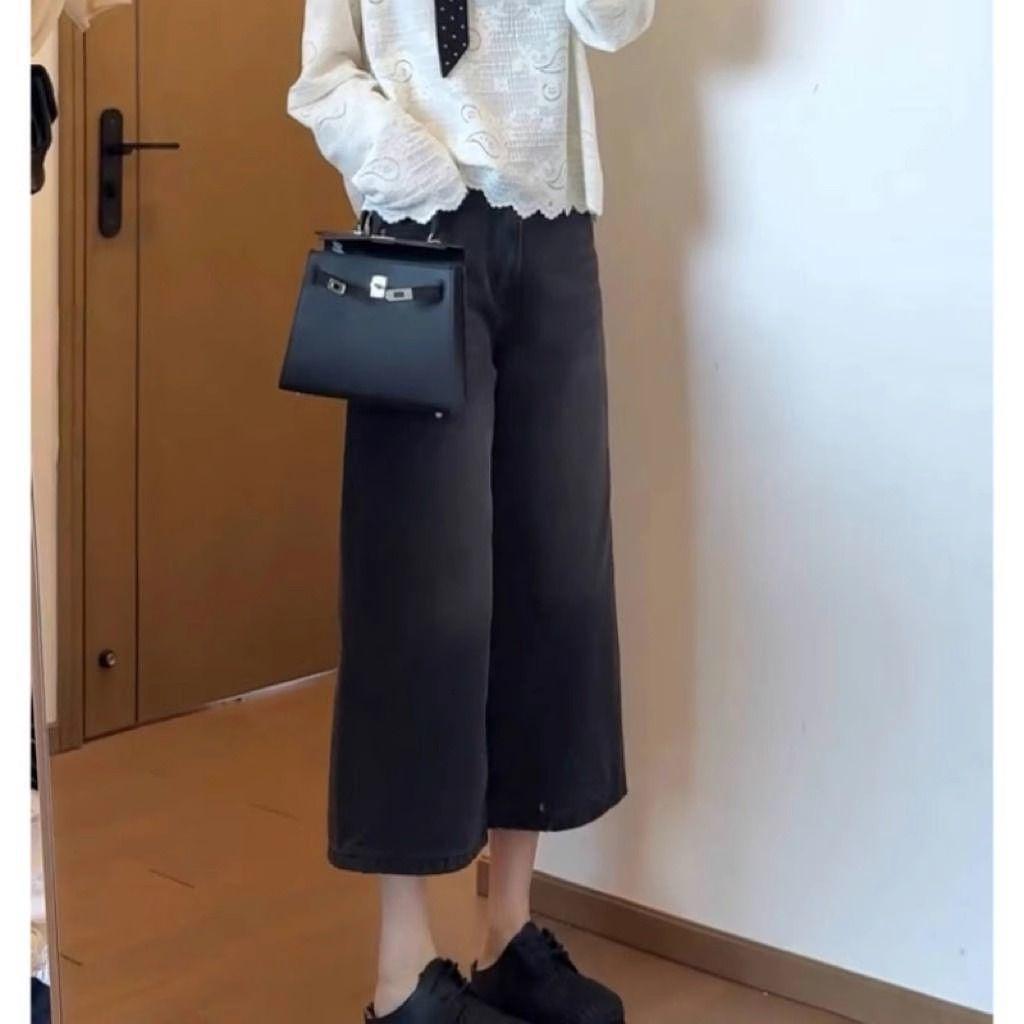 Plus Size Women's High Waist Wide Leg American Retro Jeans - Autumn New Style Loose Slimming Cropped Straight Leg Pants