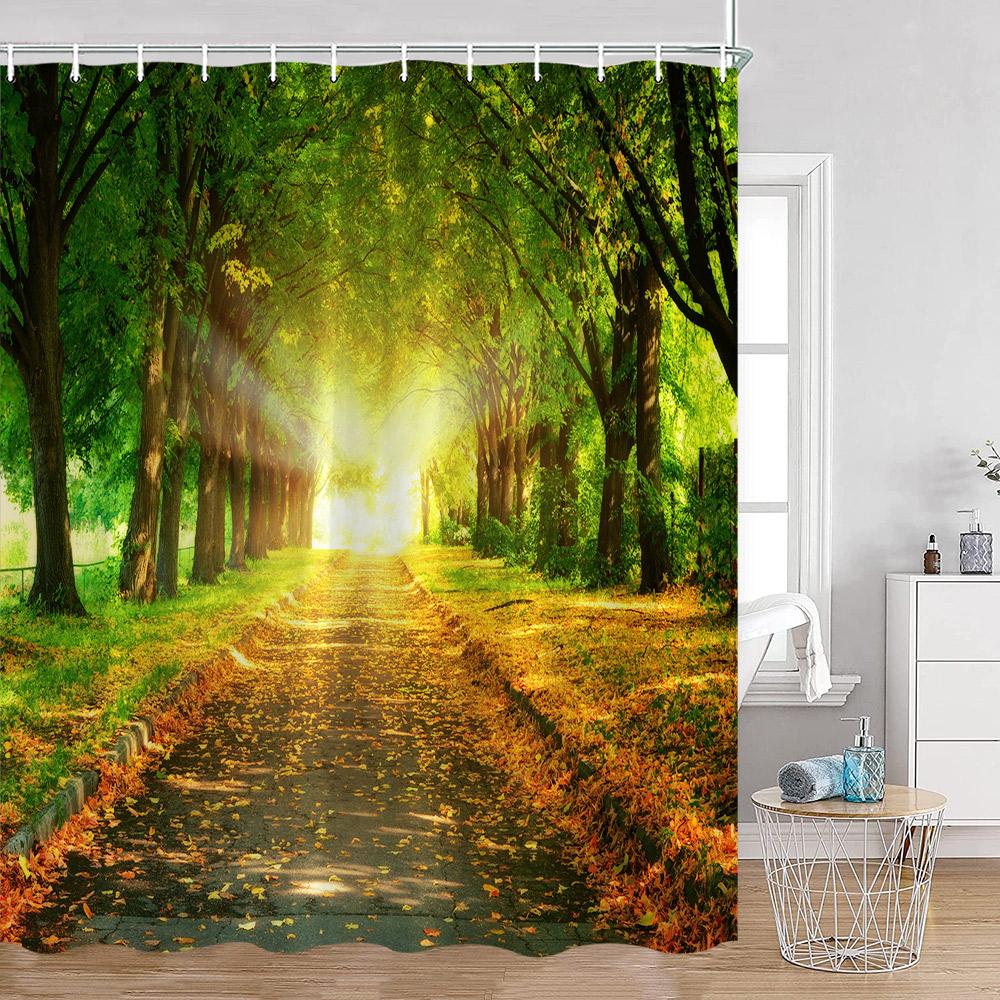 Garden Path Shower Curtains Pink Flowers Green Vines Forest Lane Bathroom Deecorations Nature Polyester Bath Curtains with Hooks