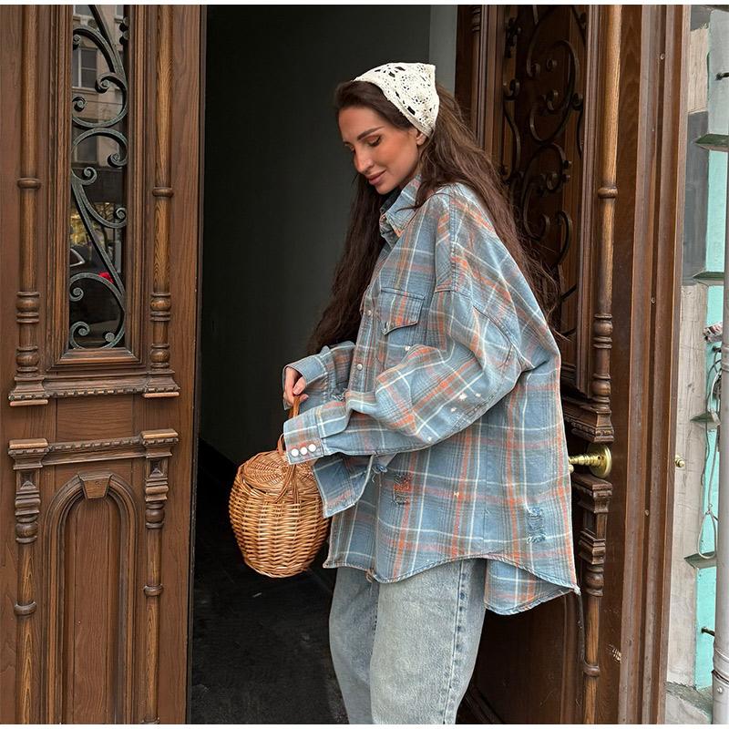 Blue Plaid Shirt Jacket Women's Spring Autumn 2025 New Elegant High-End Feel with Button Down The Front Female Casual Loose Blouses