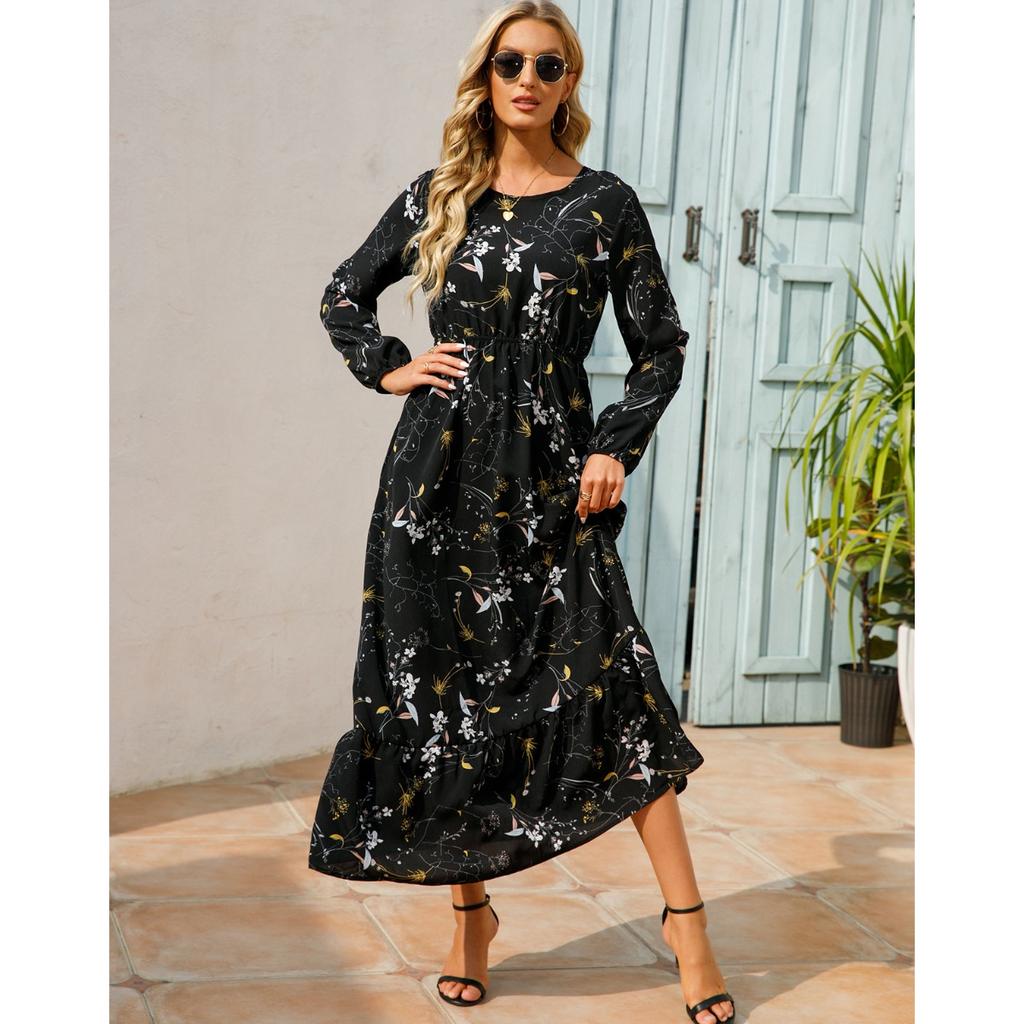 Women's Fashion Summer Spring Floral Print Long Sleeve O-Neck High Waist Casual Dresses