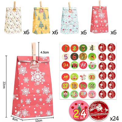 Advent Calendar Bags Numbers Sticker Kraft Paper Storage Gift Bag for Christmas