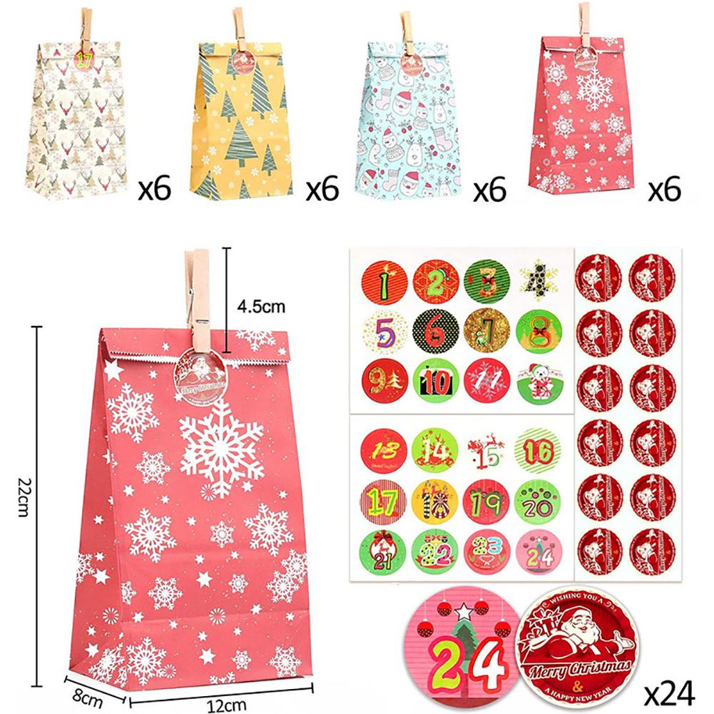 Advent Calendar Bags Numbers Sticker Kraft Paper Storage Gift Bag for Christmas