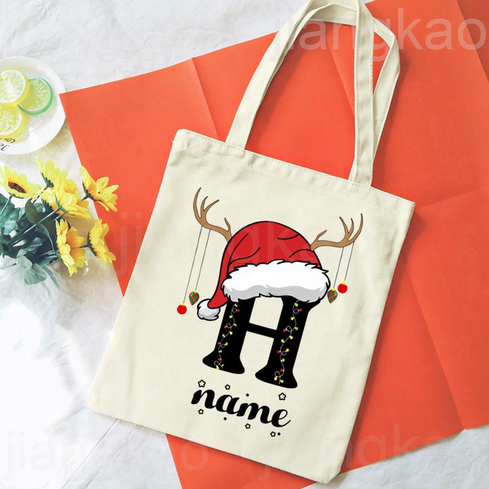 Personalized Christmas Gift Bag Initial with Name Christmas Sack Alternative Stocking Filler Bags Xmas Eve Pouch Gift for Kids