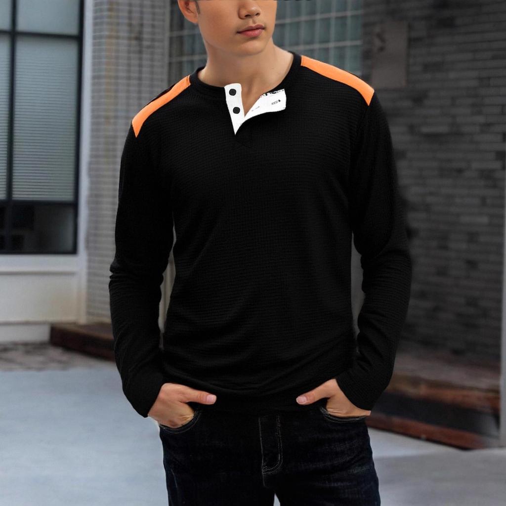 New Men's Men's Waffle Casual Versatile Two-color High Collar Button Long Sleeve Henley