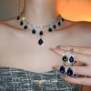 Water Drop Diamond Sapphire Blue Earrings Necklace Set French Court Style Collarbone Chain Jewelry Women