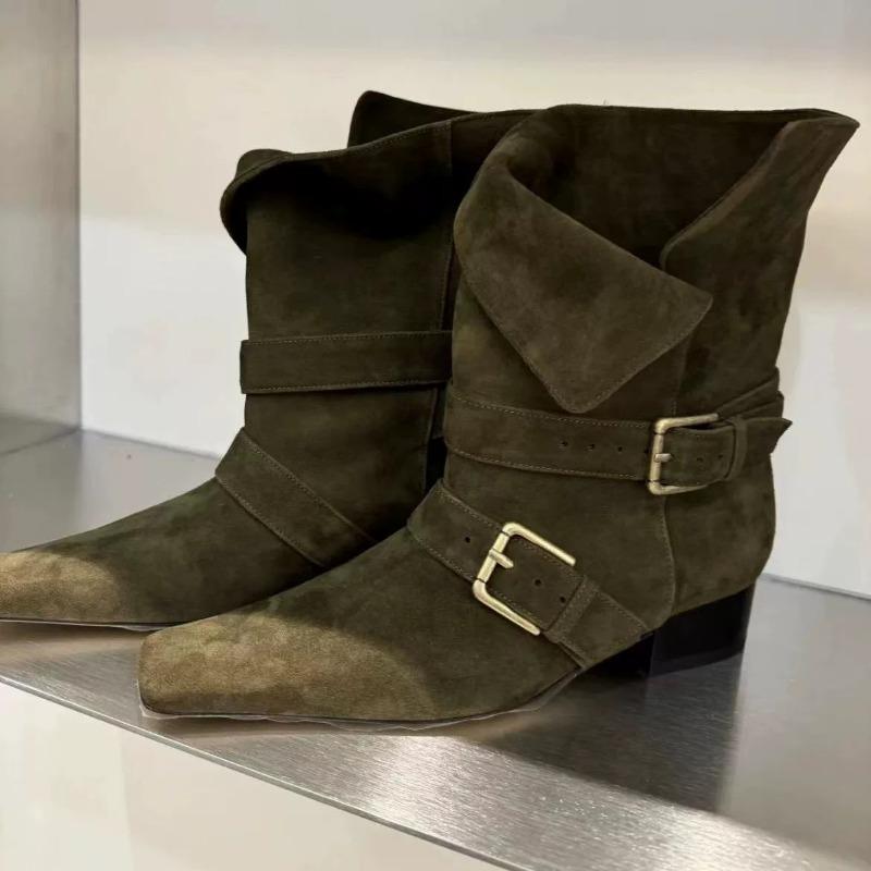 Leather Suede Vintage Small Square Head Two Wear Fold Thick Heel Belt Buckle Medium Boots Women's Autumn and Winter Martin Boots Short Boots