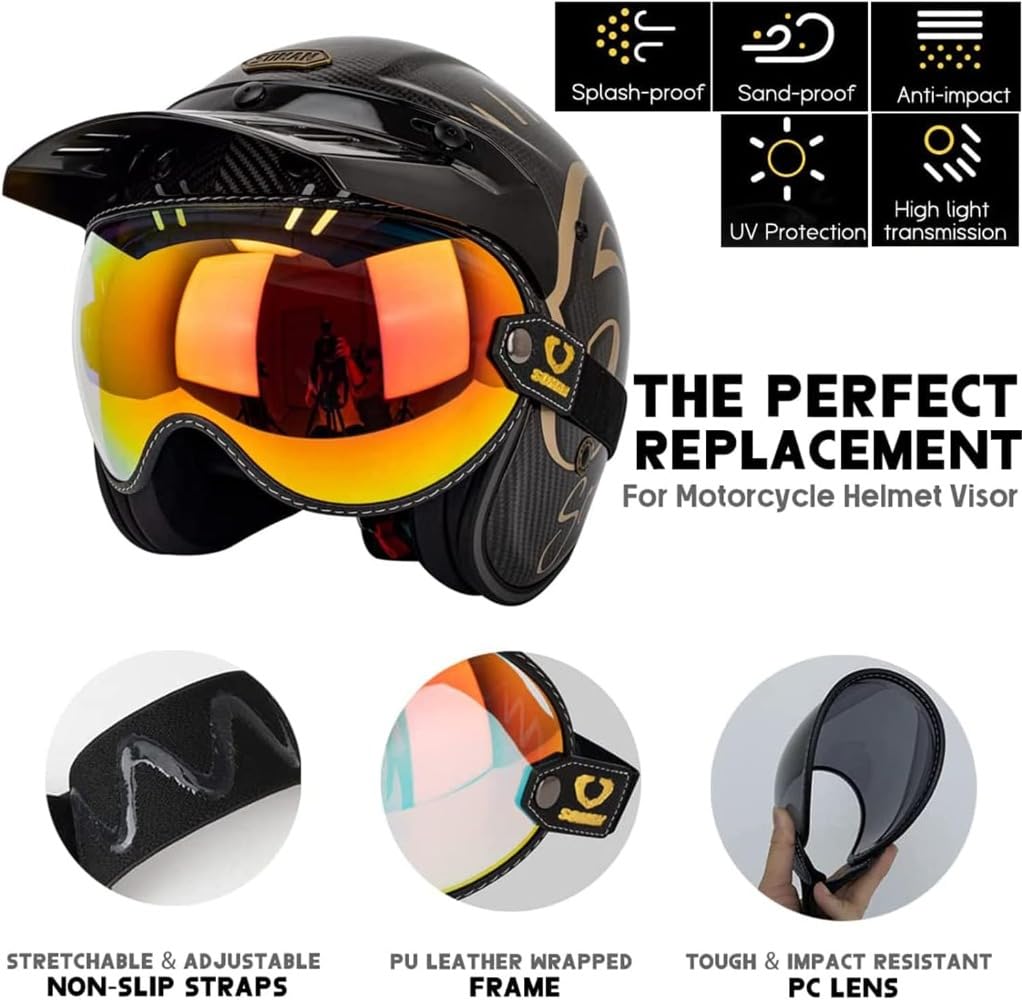 [Giawkca] Retro Motorcycle Helmet Shield Bubble Visor, PC Goggles Lens Replacement 3/4 Open Face