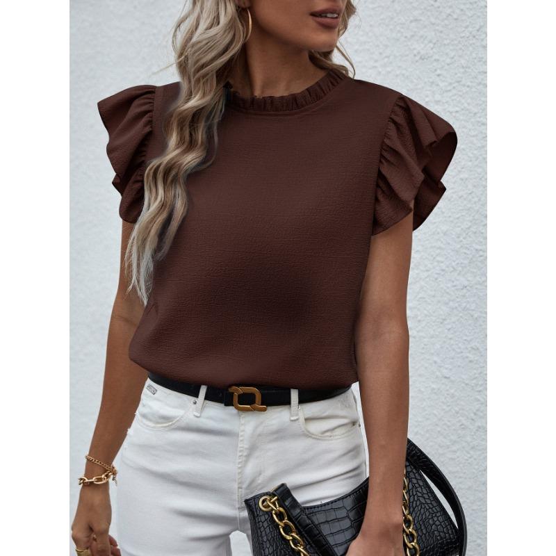 Women Short Sleeve Ruffled Round Neck Blouse